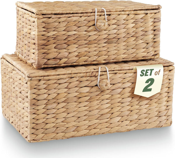 Set of 2 Wicker Baskets with Lid - Decorative Storage Boxes with Lid1