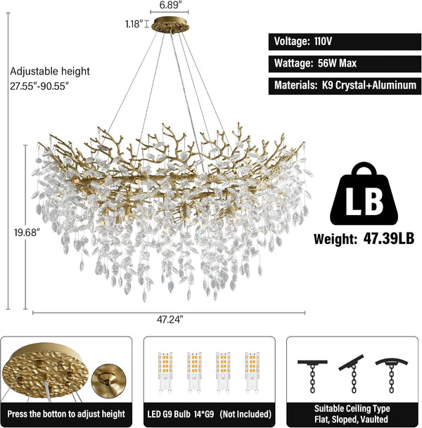47" Gold Tree Branch Chandelier, 14-Light Modern Crystal Chandelier for Dining Room, Luxury round K9 Crystal Raindrop Chandeliers Light Fixture for Foyer, Entryway, Living Room, Bedroom, Kitchen4