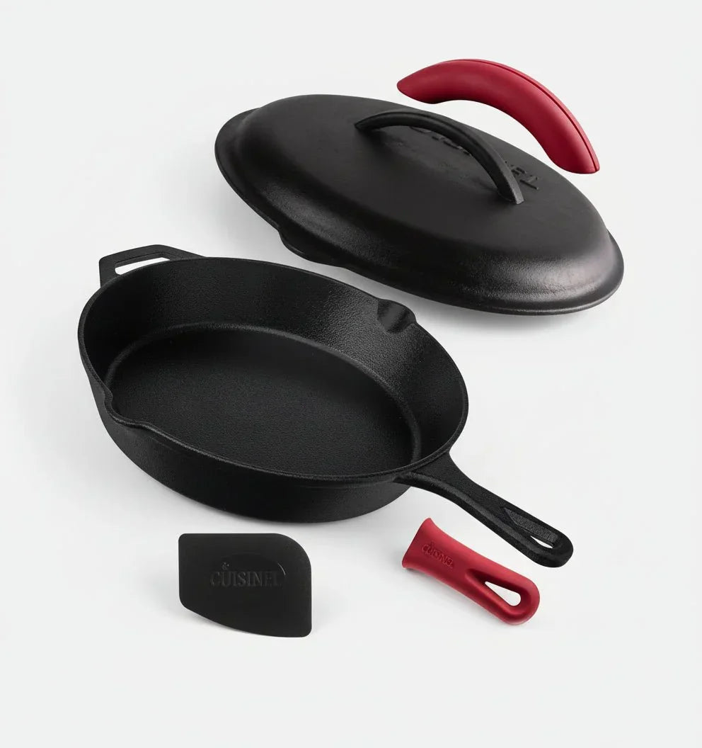 12-inch pre-seasoned black cast iron skillet with lid and red silicone handle covers on white background