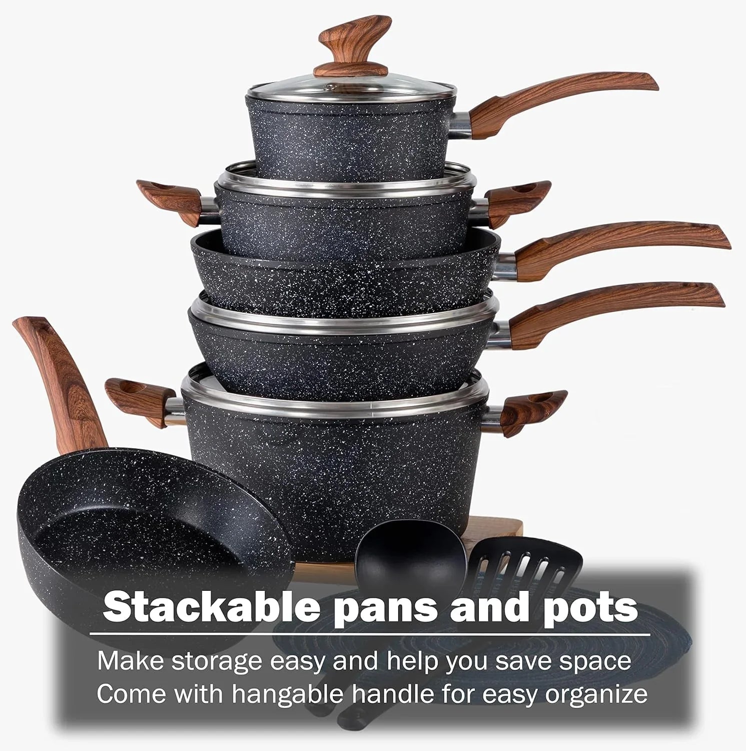 12-piece granite black nonstick cookware set with wooden handles and glass lids, stackable pots and pans