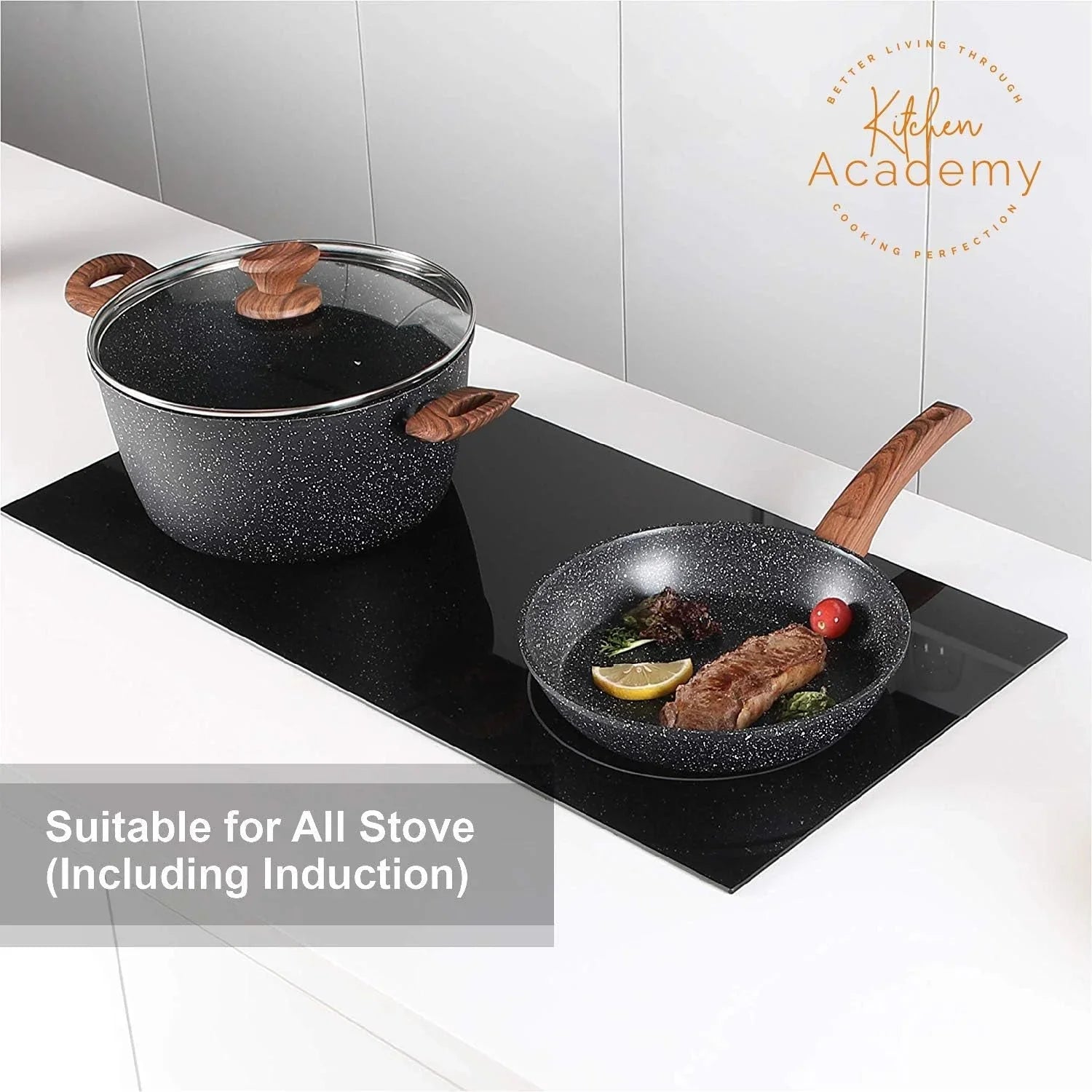 12-piece black granite nonstick cookware set with wooden handles on induction stove