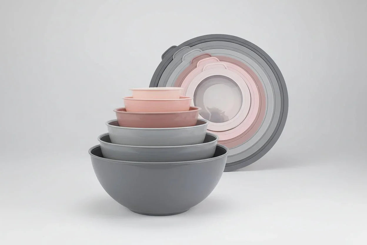 12 piece pink ombre and gray nesting mixing bowls set with lids on white background