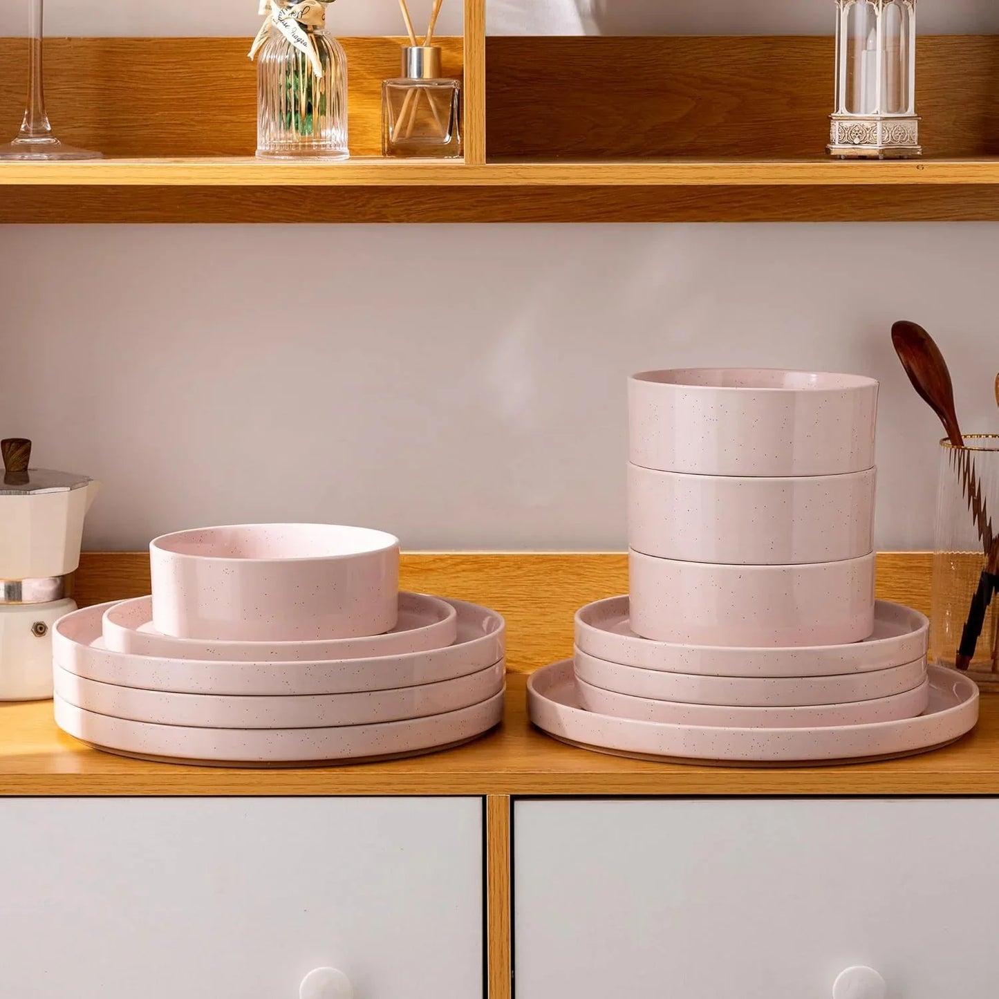 12-Piece Pink Speckled Stoneware Dinnerware Set for 4