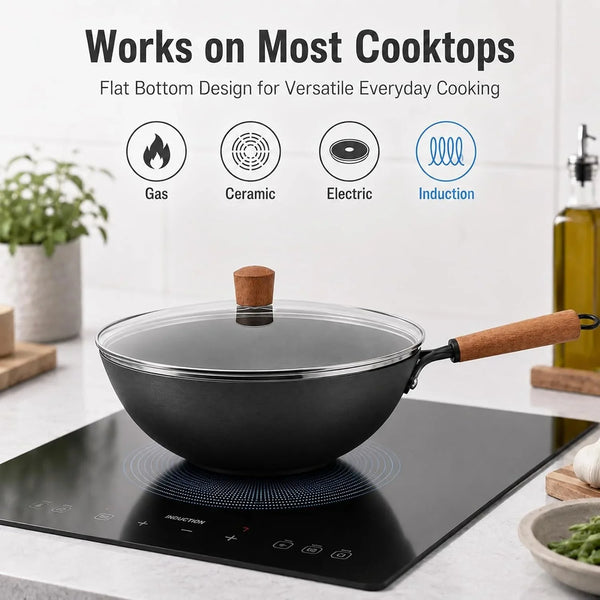 Carbon Steel Wok with Glass Lid, 12.6 Inch Flat Bottom Stir Fry Pan, Rolled Edge Spun Wok Pan, Coating-Free Wok for Induction, Gas & Electric Cooktops, 3–4 Servings5