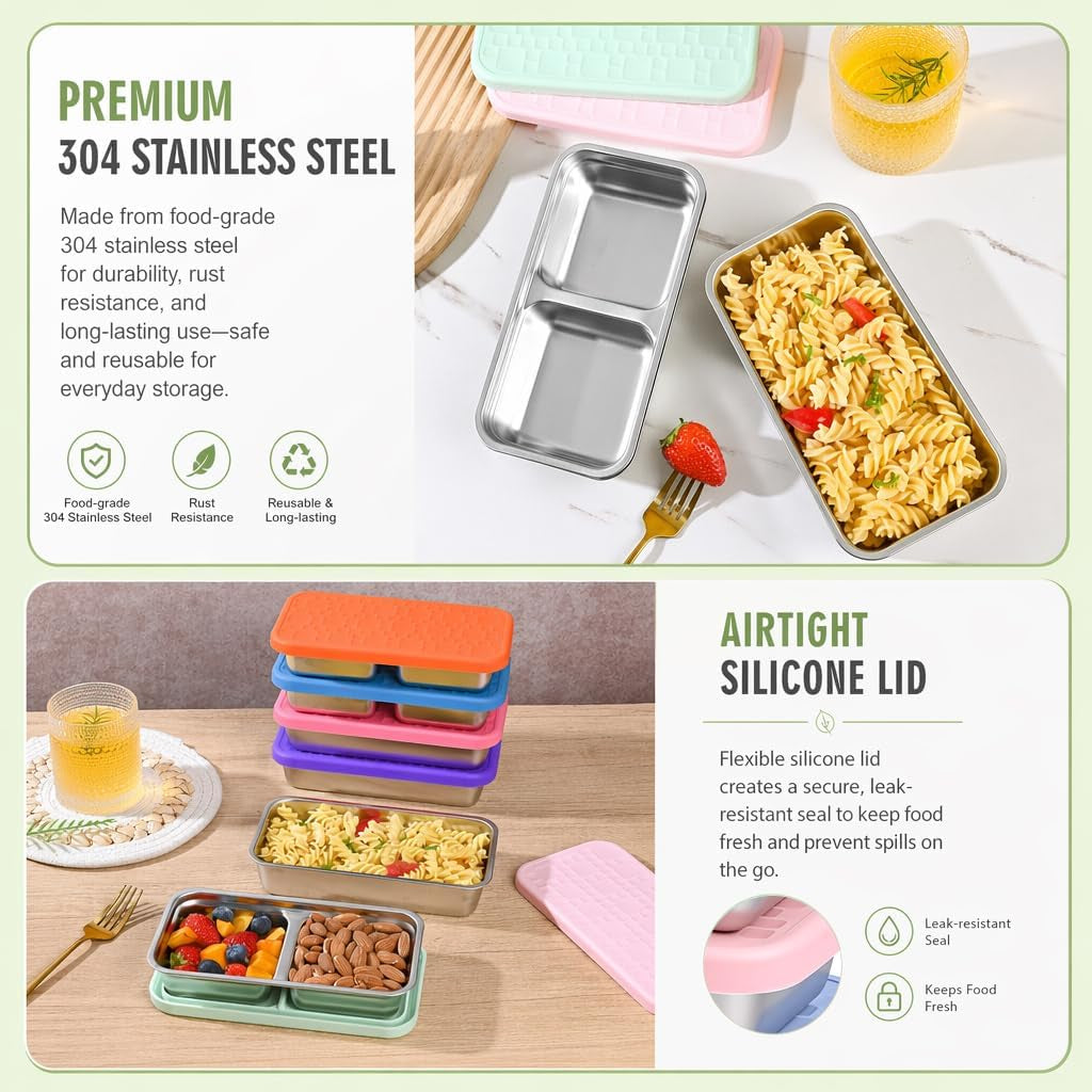 4-pack-stainless-steel-snack-containers-leak-proof-2-compartment-lunch-boxes-with-silicone-lids-reusable-metal-snack-box-for-meal-prep-travel-outdoor-daily-use-2-compartments-a