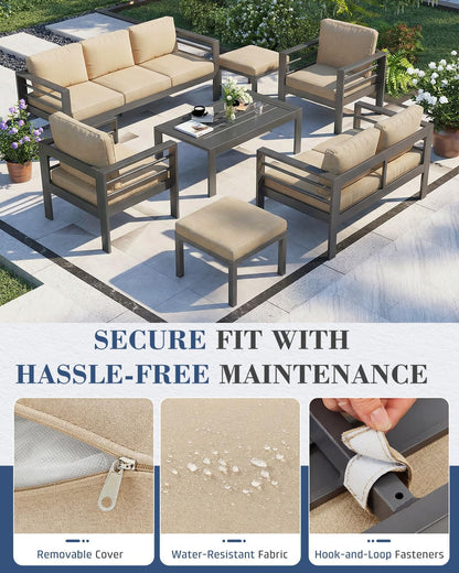 Aluminum Patio Furniture Set, 9 Seats Modern Outdoor Furniture with Coffee Table, 7 Pieces Metal Conversation Sectional Sofa, Beige4