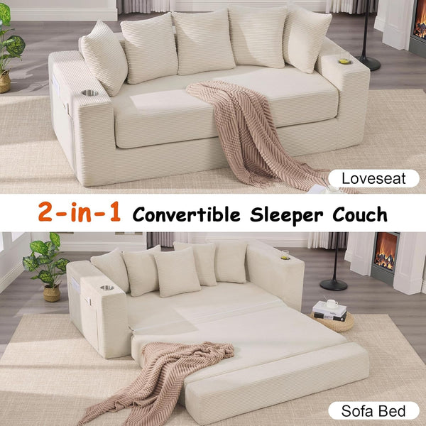 76" Convertible Sofa Bed, Corduroy Boneless Couch with Cup Holders & Pocket3