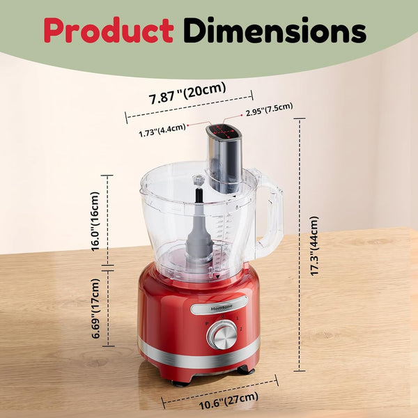 16 Cups Food Processor, Large Food Chopper with French Fry Cutter, 9 Functions 7 Blades for Shredding, Slicing, Doughing for Home Use, 3 Speeds, 600W (Bright Metallic Red, 16 Cup)2