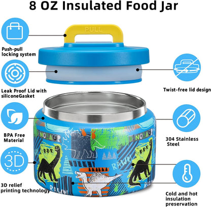 8 Oz Thermo Food Jar for Hot & Cold Food for Kids, Insulated Lunch Containers Hot Food Jar,Leak-Proof Vacuum Stainless Steel Wide Mouth Lunch Soup Thermo for School (Blue-Dinosaur)5