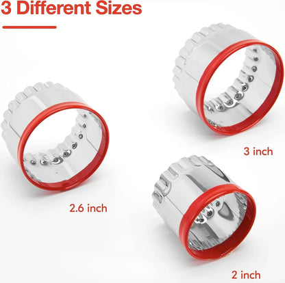 3Pcs Fluted round Cookie Cutters - 2" & 2.6" & 3", Heavy Duty Food-Grade Stainless Steel, Mini Biscuit Cutter, Unique Design with Protective Red Top PVC7