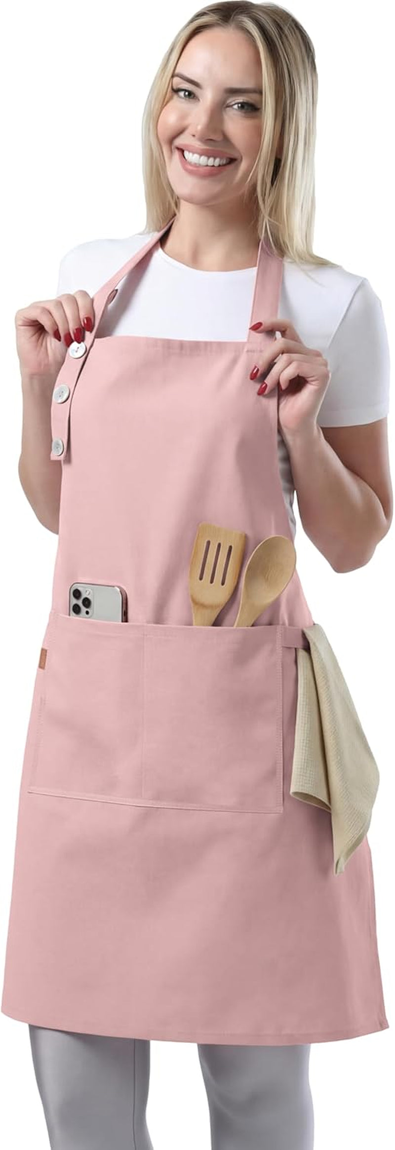 kitchen-apron-for-women-men-waterdrop-resistant-adjustable-button-premium-cotton-cooking-apron-with-2-pockets-gift-15-color-option-powder-pink