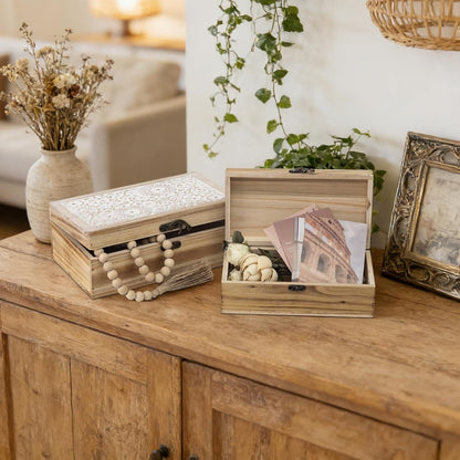 Rustic Farmhouse Wood Decorative Boxes, Set of 2 Keepsake Box Wooden Box with Hinged Lid and Floral Carved Design, Decorative Boxes for Home Decor (Brown)4