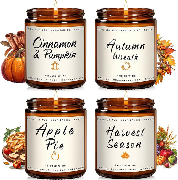 Fall Candle Set | 4 Pack Scented Candles for Home - Candle Gifts for Women Men, Soy Candles Home Scented | Autumn Fragrance of - Apple Pie/Cinnamon/Harvest/Wreath1