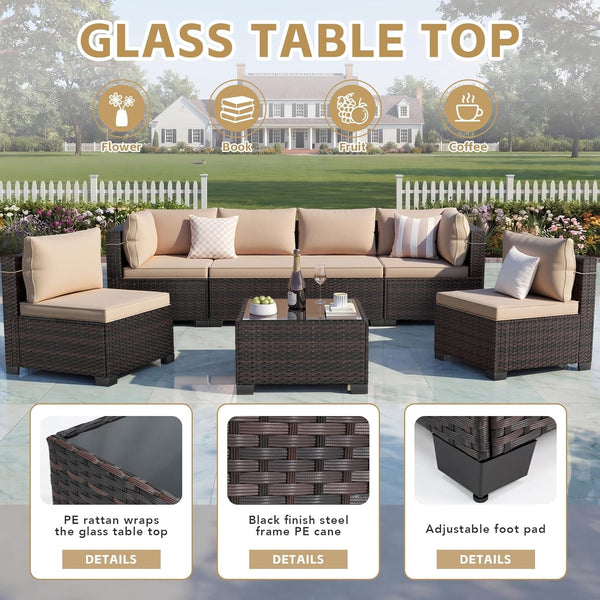 7 Pieces Outdoor Patio Furniture Sets,Rattan Conversation Sectional Set,Manual Weaving Wicker Patio Sofa with Tea Table4