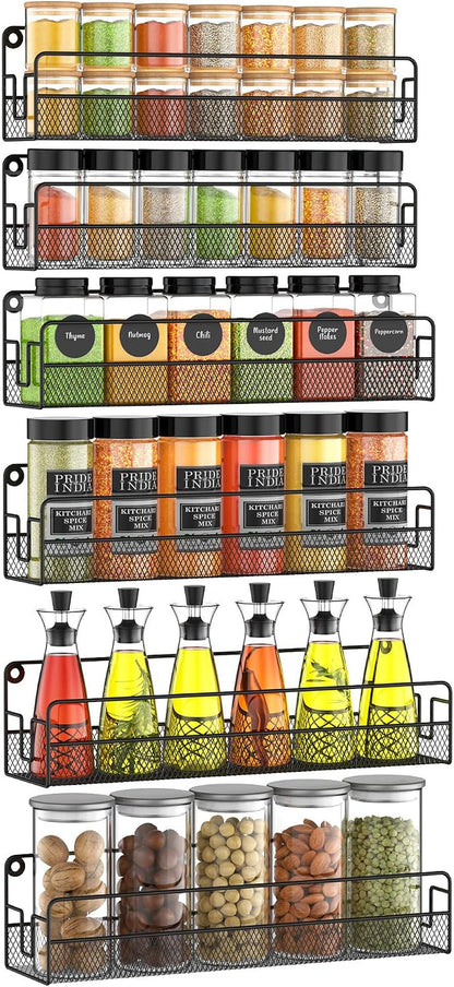 Wall Mounted Spice Rack Organizer, Pantry Door Organizer & Hanging Storage Baskets, Metal Spice Shelf for Kitchen Cabinet, 3 Depth Sizes Hold Large Jars to Nail Polish Bottles, 6 Pack1
