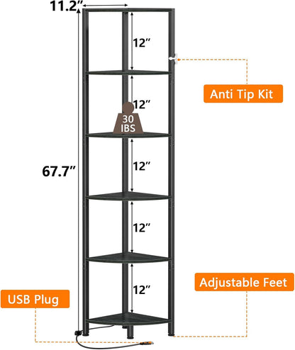 6 Tier Corner Shelf with LED Light, 67.5" Black Narrow Bookshelf | Tall Standing Shelf Organizer, Storage Rack for Wall Corner, Living Room, Bedroom, Metal Frame, Wood Display Shelf2