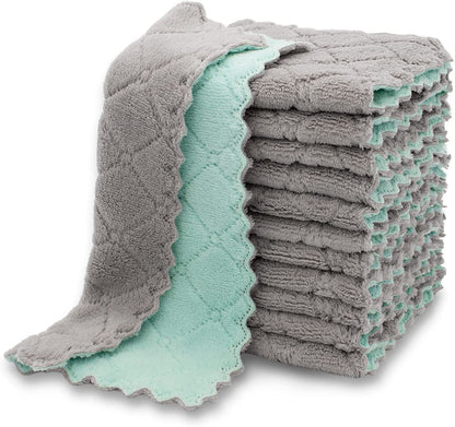 12 Pack Dish Cloths for Washing Dishes | Super Absorbent Microfiber Kitchen Dish Rags, Fast Drying Coral Velvet Dish Cloths for Kitchen Counter and Dishes, Green-Grey1