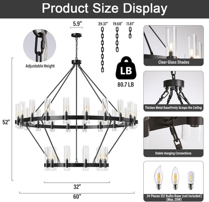 Large Black Chandelier, 30 Light Wagon Wheel Chandelier with Glass Shade,60 Inch round Industrial High Ceilings Pendant Lighting Fixture for Dining Living Room, Kitchen Island, Foyer3