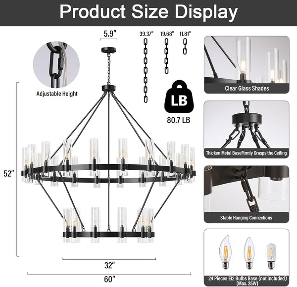 Large Black Chandelier, 30 Light Wagon Wheel Chandelier with Glass Shade,60 Inch round Industrial High Ceilings Pendant Lighting Fixture for Dining Living Room, Kitchen Island, Foyer3