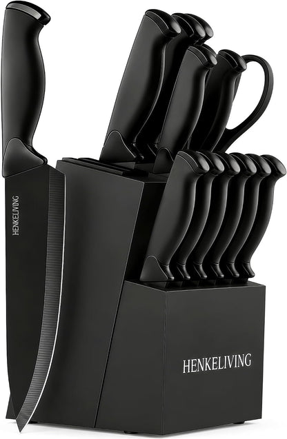 14-Piece Black Kitchen Knife Block Set with Built-In Sharpener1