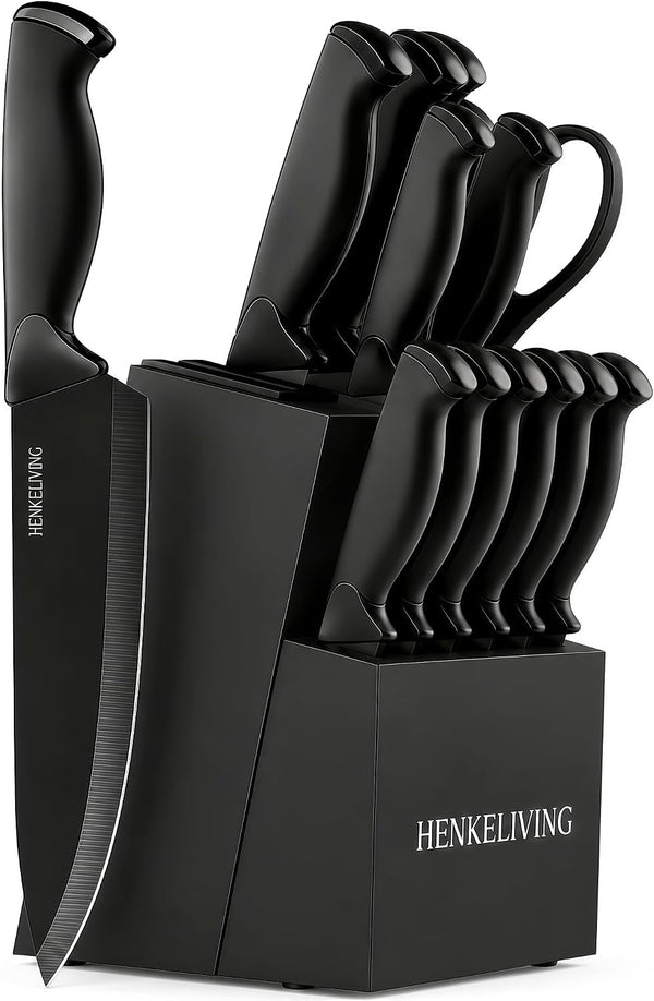14-Piece Black Kitchen Knife Block Set with Built-In Sharpener1