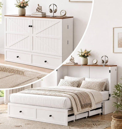 Murphy Bed Full with Mattress Included, Farmhouse Frame Cabinet Beds Chest with Charging Station & Storage Drawers, Convertible Hideaway Cabinet Bed for Guest Room, White1