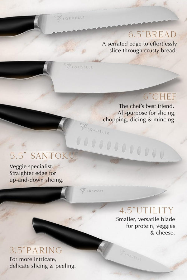 LORDELLE Knife Block Set - 5 Piece Set - Black Vintage Ink - Lifestyle Home Kitchen Design - German X50 Stainless Steel - ABS Handle - Ash Wood Block - Cooking Chef Knife, Santoku, Paring, Utility3