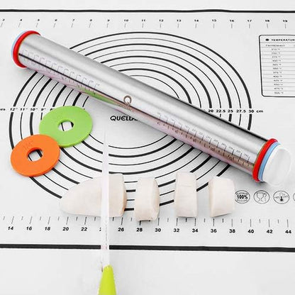 Rolling Pin and Pastry Baking Mat Set, Rolling Pins with Adjustable Thickness Rings, Stainless Steel Dough Roller for Baking Fondant, Pizza, Pie, Pastry, Pasta, Cookies (Black Mat)4