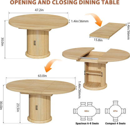 47″–63″ Extendable round Kitchen Dining Room Table for 4-6 with 2-Tier Storage Shelf Dust-Proof, Space Saving Expandable Wood Oval Circle Dinner Furniture with Pedestal Base (Natural Oka)2