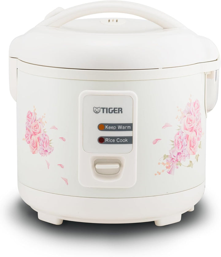 JAZ-A10U-LF 5.5 Cup Capacity White Rice Cooker with Non-Stick Inner Pot, Retractable Power Cord, and Keep Warm up to 12 Hours (Flower)