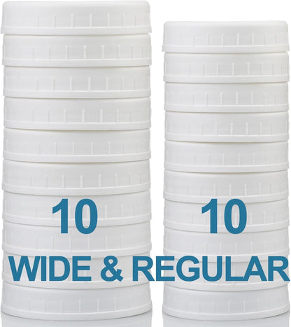 10 WIDE Mouth & 10 REGULAR Mouth Mason Jar Lids - 20 Pack Food Grade Plastic Mason Jar Caps for Ball, Kerr and More Canning Jars - Leakproof & Dishwasher Safe - White1