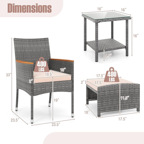 5 Pieces Patio Conversation Set, Outdoor PE Rattan Chairs with Soft Cushions, Ottomans & Tempered Glass Top Table, Acacia Wood Armrests, Patio Furniture Set (Mix Grey+Beige)8