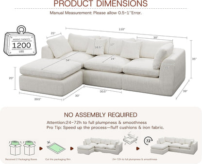 110'' Oversized Boneless Cloud Couch for Living Room, Modern Big Sectional Compressed L Shape Couch with Ottoman, Comfy Chenille Deep Seat Memory Foam Spineless 4 Seater Sofa, Beige2