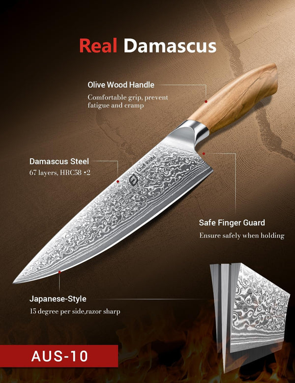 Damascus Chef Knife in Japanese Steel, 67-Layers Damascus Kitchen Knife with Wooden Gift Box and Original Olive Wood Handle, Cooking Knives for Home Kitchen Gift Idea2