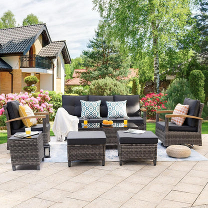 7 Pieces Patio Furniture Sets,Wicker Outdoor Conversation Sets with 2 Wood Armrests Swivel Rocker Chairs, 2 Ottoman, 3-Seat Sofa and Coffee Table(Grey)8