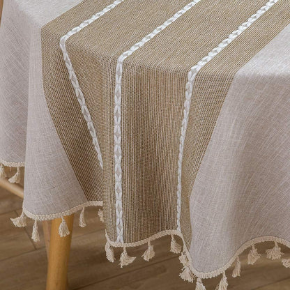 Farmhouse Tablecloth Heavy Weight Stitching Tassel Cotton Linen Dust-Proof Table Cloth for Kitchen Dinning Tabletop Decoration (Round, 60 Inch, Linen)1
