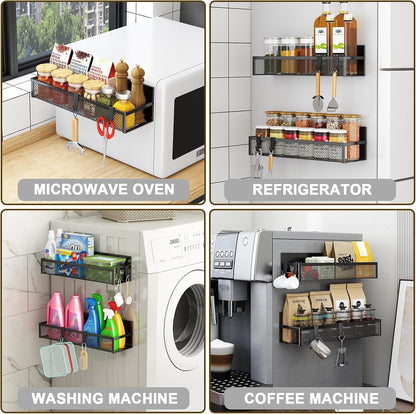 Magnetic Spice Rack for Refrigerator, 4 Pack Magnetic Shelf, Fridge Magnet Organizer with Moveable 8 Hooks, Magnetic Fridge Shelf for Kitchen Organization and Storage (4 Pack)5