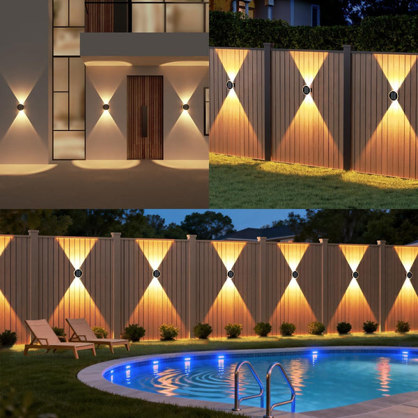 Fence Solar Lights: 360° Circular Lighting Solar Powered Wall Lights 12 Hours Long Runtime up and down Waterproof IP65 & 3 Modes High Brightness LED Focus Lens for Patio/Yard - 4 Pack8