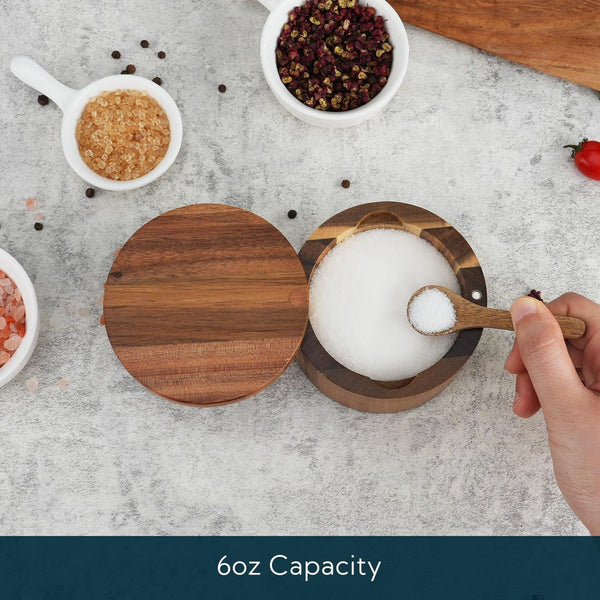 Acacia Wood Salt Cellar Bowl Box with Built-In Spoon to Avoid Dust, Elegant Kitchen Salt Container Holder with Swivel Magnetic Lid to Storage Pepper Spice Bath Salt Sea Salt, 6OZ2