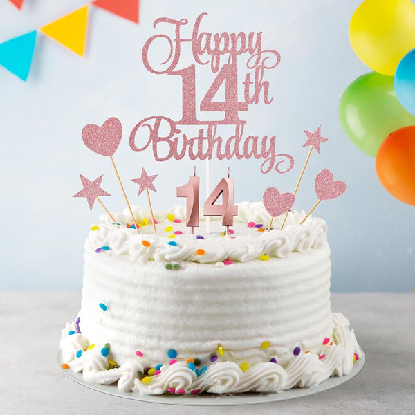 14Th Birthday Cake Decorations, 14Th Birthday Candles Cake Numeral Candles and Glitter Happy 14Th Birthday Cake Toppers Set for Birthday Party Supplies (Rose Gold)5
