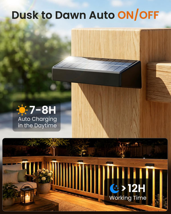 Fence Lights Solar Powered 12 Pack, 3000/4000/6000K 3 Modes, IP65 Waterproof Solar Fence Lights Outdoor, Dusk to Dawn Deck Lights for Outside, Wall, Backyard, Step, Patio, Stair Railings5