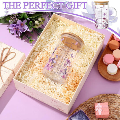 Glass Measuring Cup 16Oz/2Cups/500Ml Easy to Read V-Shaped Spout High Borosilicate Glass Measuring Cup with Bamboo Lid Stirring Spoon and Brush for Coffee Kitchen Baking Cooking(Purple Flower)7