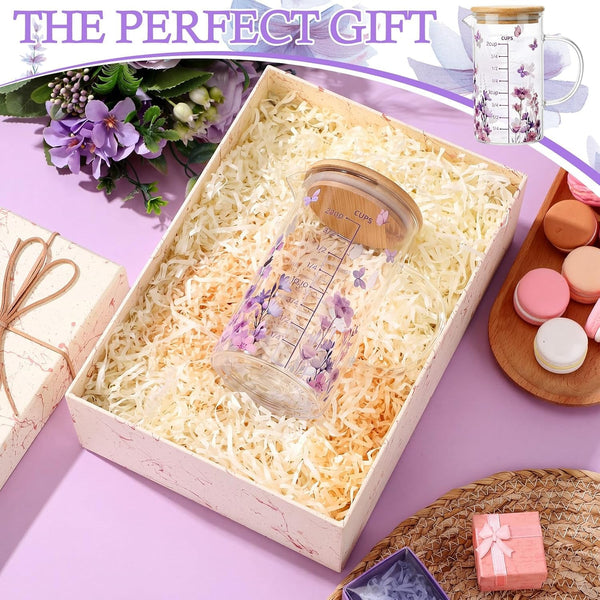 Glass Measuring Cup 16Oz/2Cups/500Ml Easy to Read V-Shaped Spout High Borosilicate Glass Measuring Cup with Bamboo Lid Stirring Spoon and Brush for Coffee Kitchen Baking Cooking(Purple Flower)7