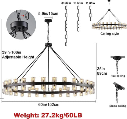 60 Inch Black Wagon Wheel Chandelier with Crystal Shade, 60 Lights, Large round Modern Farmhouse Style, Perfect for High Ceiling, Dining Room, Kitchen, Entryways, Foyer2