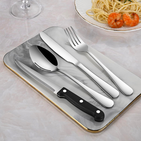 24-Piece Silverware Set with Steak Knives,Flatware Set Service for 4 Person, Food-Grade Stainless Steel Cutlery Set,Includes Knife Spoon and Fork, Mirror Finished Utensil Sets for Home Restaurant7