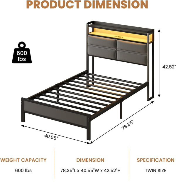 Twin Bed Frame with LED Lights and Charging Station, Dark Grey2