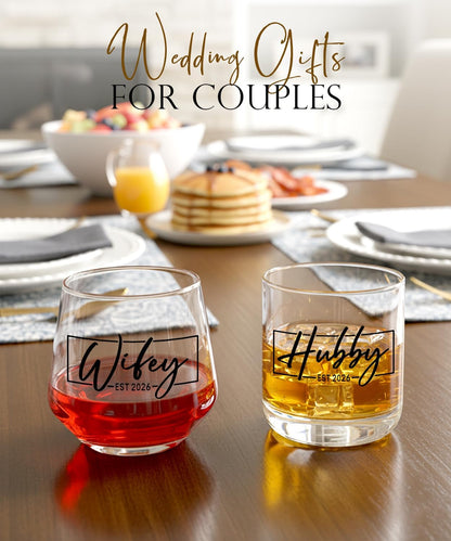 Wedding Gifts for Couples 2026,Hubby & Wifey Wine&Whiskey Glass Set,Bridal Shower Gifts for Bride and Groom, Newly-Married Gifts for Him and Her，Mr and Mrs Gifts,His and Hers Glass3