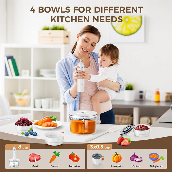 Glass Food Processor with 4 Blades & 4 Bowls (8 Cup + 3X0.5 Cup), Small Food Processor& Meat Grinder - Compact Design for Meal Prep, Baby Food, Sauces - Dishwasher Safe4