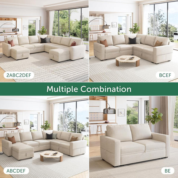 Modular Sectional Sleeper Sofa with Pull Out Bed, L Shaped Couch with Storage Seat, Convertible Sectional Couches for Living Room, Beige5