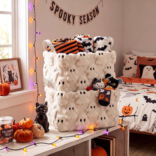 2 Halloween Ghost Storage Basket with Handle, Beige Ghost Decor7